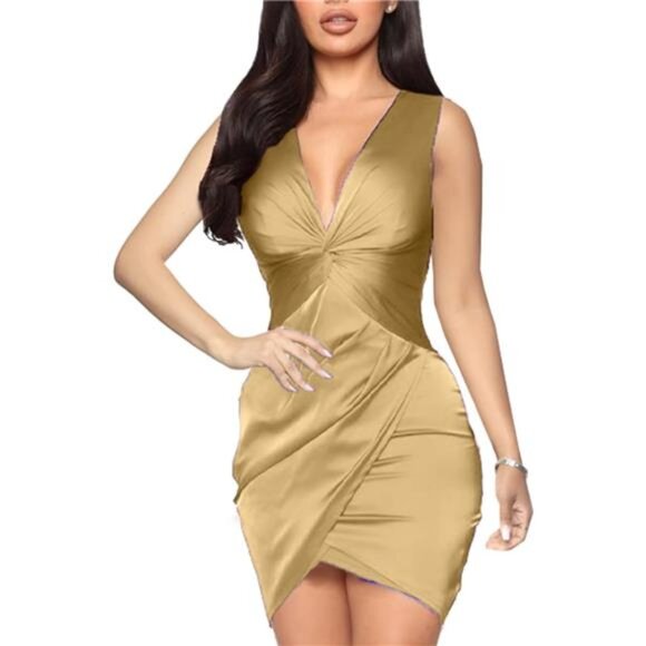 Womens Midi Wrap Dress Sleeveless Gold - Picture 1 of 4